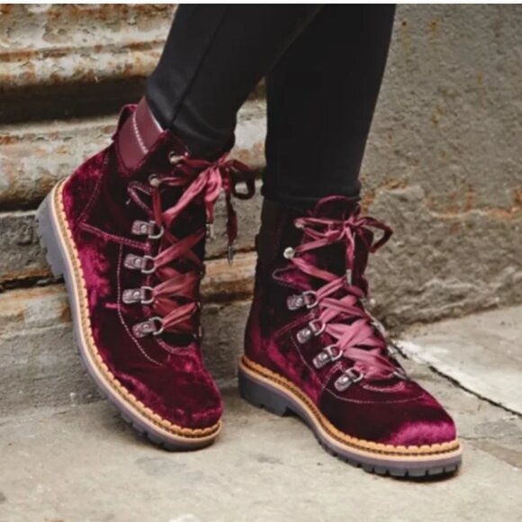 Sam Edelman Browan Crushed Velvet Ribbon Lace Up Boots - Picture 1 of 11